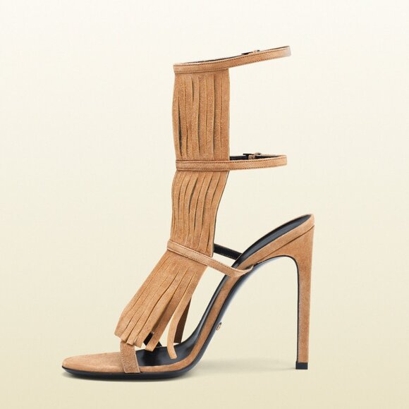 GUCCI SHOES BECKY BEIGE SUEDE FRINGED HIGH HEEL SANDAL sz 36.5 / 6.5 - Picture 4 of 9